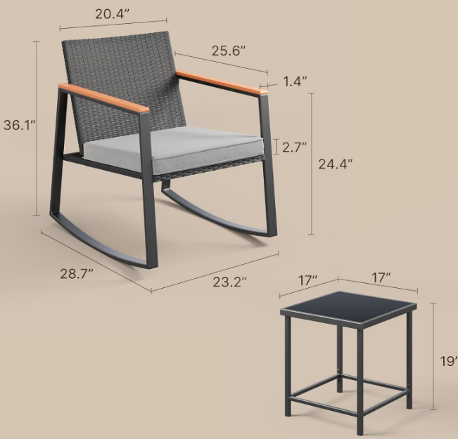3 Pieces Rocking Patio Bistro Set with Anti-Scald Armrest, Outdoor Patio Wicker Furniture Set with Glass Table and Cushion for Garden, Yard, Porch