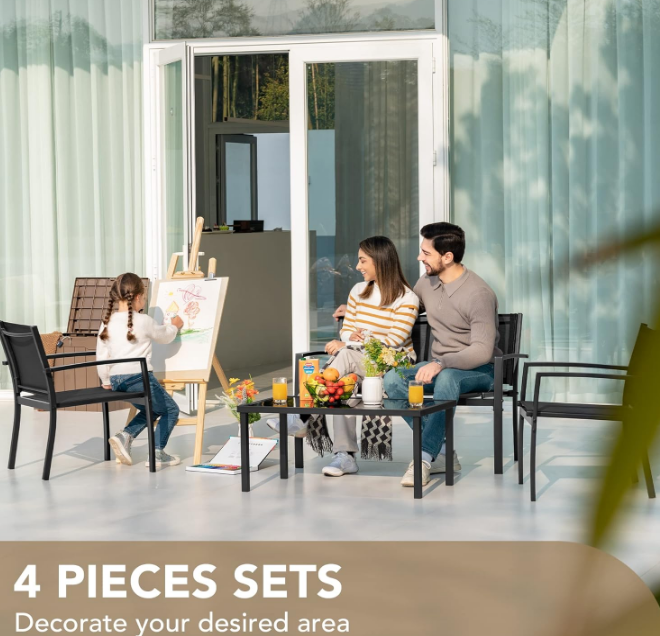 4 Pieces Patio Furniture Set Outdoor Garden Patio Conversation Sets Poolside Lawn Chairs with Glass Coffee Table Porch Furniture (Black)