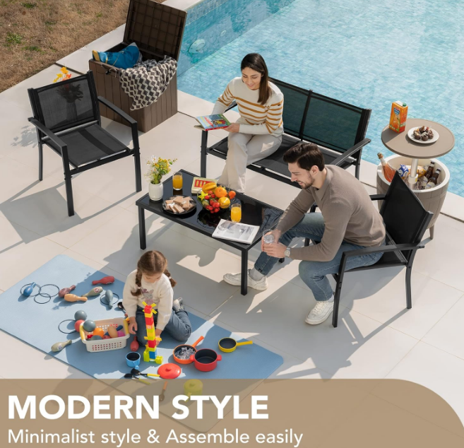 4 Pieces Patio Furniture Set Outdoor Garden Patio Conversation Sets Poolside Lawn Chairs with Glass Coffee Table Porch Furniture (Black)