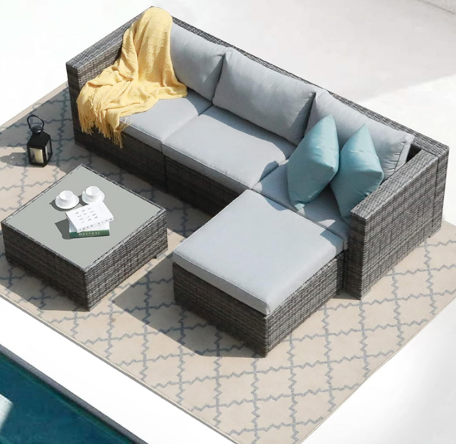 5 Piece Outdoor Patio Furniture Set, Sectional Conversation All-Weather Grey PE Wicker w/Light Cushions, Backyard Porch Garden Poolside Balcony Set