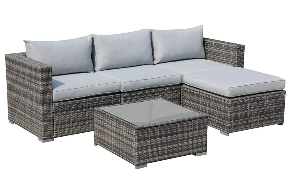5 Piece Outdoor Patio Furniture Set, Sectional Conversation All-Weather Grey PE Wicker w/Light Cushions, Backyard Porch Garden Poolside Balcony Set