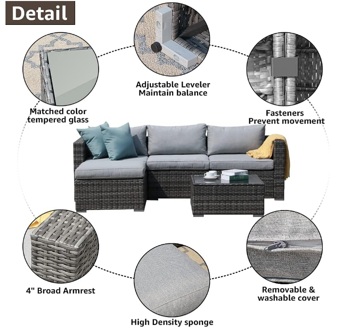5 Piece Outdoor Patio Furniture Set, Sectional Conversation All-Weather Grey PE Wicker w/Light Cushions, Backyard Porch Garden Poolside Balcony Set