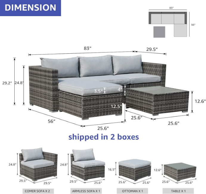 5 Piece Outdoor Patio Furniture Set, Sectional Conversation All-Weather Grey PE Wicker w/Light Cushions, Backyard Porch Garden Poolside Balcony Set