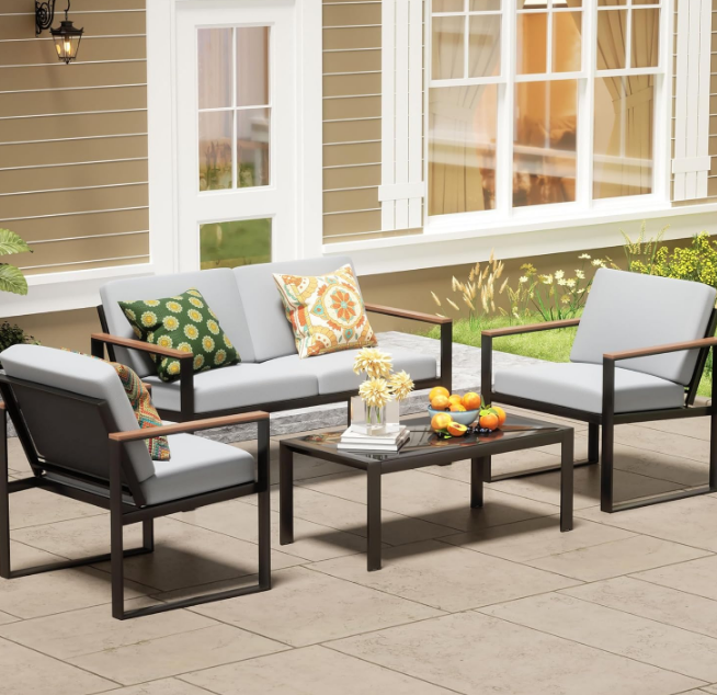 4 Pieces Patio Furniture Sets,Outdoor Metal Sectional Furniture Modern Patio Conversation Set,Fuaxwood Anti-Scald Armrest,Sling Mesh,Tempered-Glass Table,4" Olefin Cushions