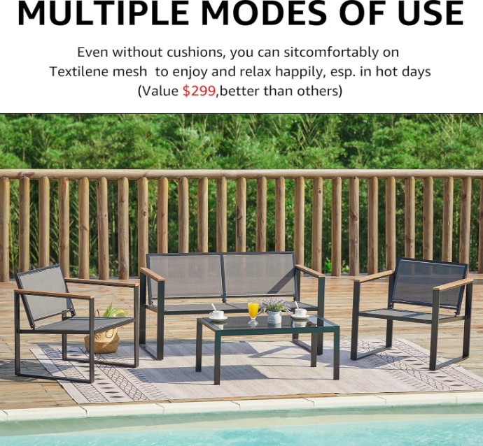 4 Pieces Patio Furniture Sets,Outdoor Metal Sectional Furniture Modern Patio Conversation Set,Fuaxwood Anti-Scald Armrest,Sling Mesh,Tempered-Glass Table,4" Olefin Cushions