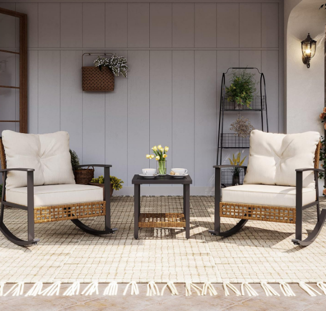3 Pieces Rocking Bistro Set, Outdoor Patio Furniture Set with Thick Cushions and 2-Tier Coffee Table, Oversize Rattan Conversation Sets for Garden, Balcony, Backyard (Beige)