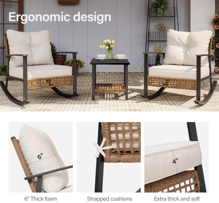 3 Pieces Rocking Bistro Set, Outdoor Patio Furniture Set with Thick Cushions and 2-Tier Coffee Table, Oversize Rattan Conversation Sets for Garden, Balcony, Backyard (Beige)