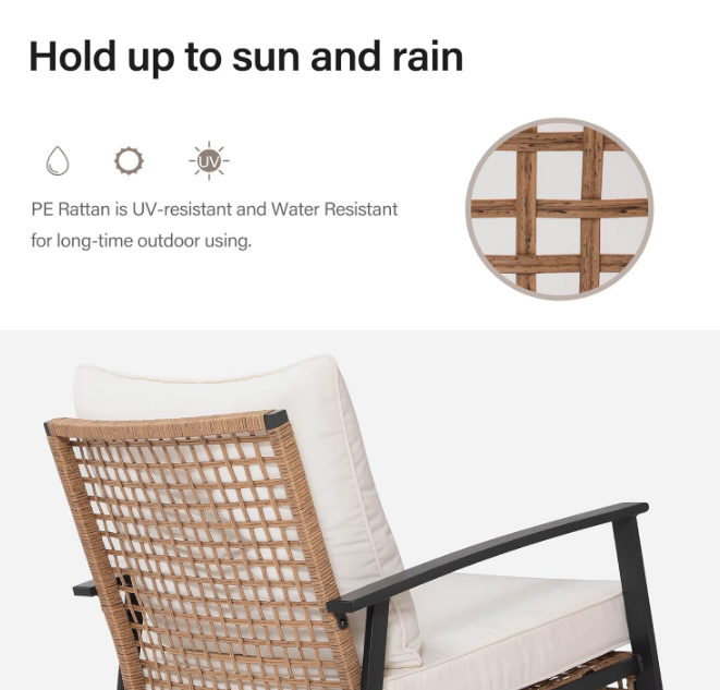3 Pieces Rocking Bistro Set, Outdoor Patio Furniture Set with Thick Cushions and 2-Tier Coffee Table, Oversize Rattan Conversation Sets for Garden, Balcony, Backyard (Beige)