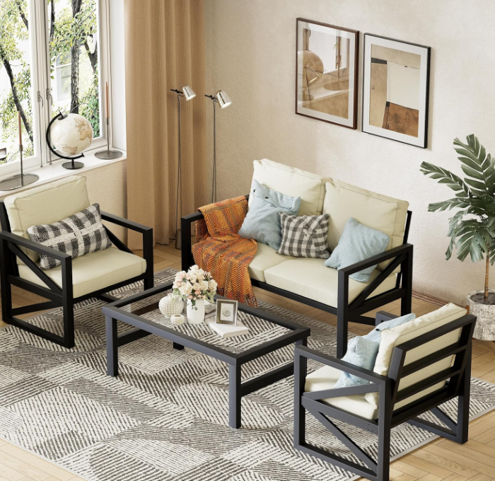 Patio Furniture Set, 4 Pieces Aluminum Outdoor Furniture Patio Couch Conversation Sets, Patio Set with Sofa and Coffee Table for Porch Deck Garden Balcony Backyard Living Room