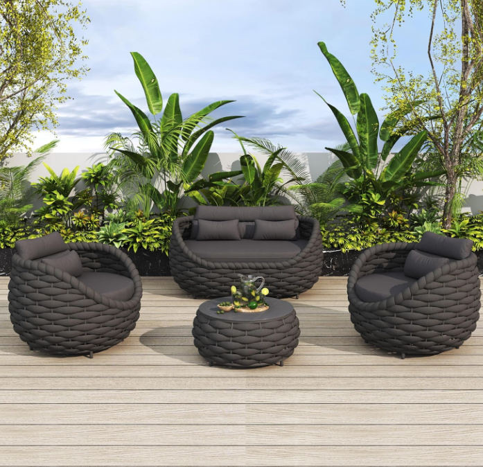 Set for Outdoor and Indoor Use All-Weather Textilene 4 Pieces Conversation Set, Sectional Sofa and Coffee Table Aluminum Frame Garden Furniture, Dark Gray