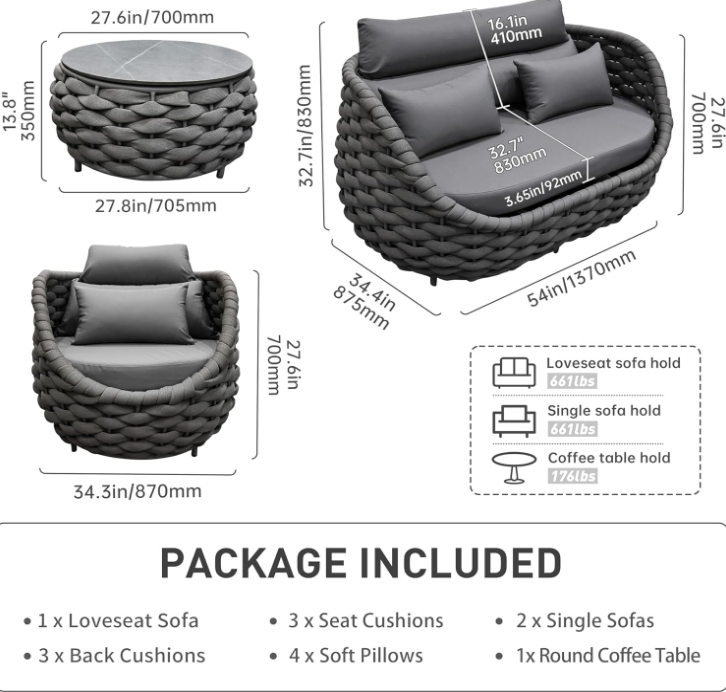 Set for Outdoor and Indoor Use All-Weather Textilene 4 Pieces Conversation Set, Sectional Sofa and Coffee Table Aluminum Frame Garden Furniture, Dark Gray