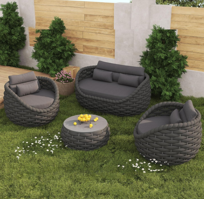 Set for Outdoor and Indoor Use All-Weather Textilene 4 Pieces Conversation Set, Sectional Sofa and Coffee Table Aluminum Frame Garden Furniture, Dark Gray