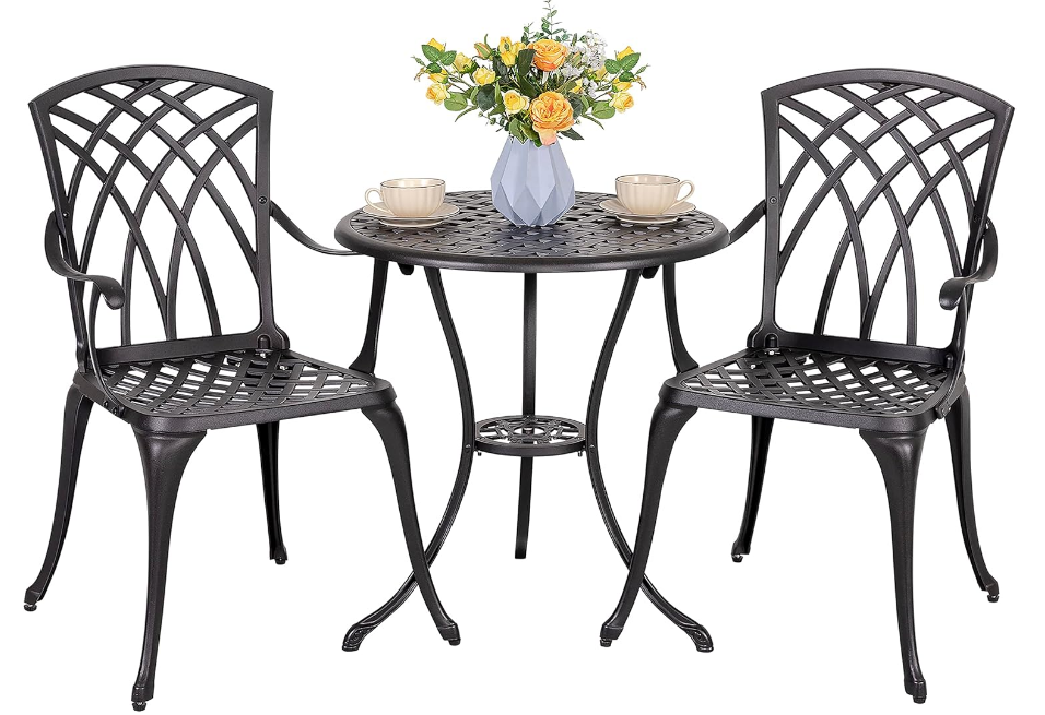 Patio Bistro Sets 3 Piece Cast Aluminum Bistro Table and Chairs Set with Umbrella Hole Bistro Set of 2 for Patio Backyard, Black