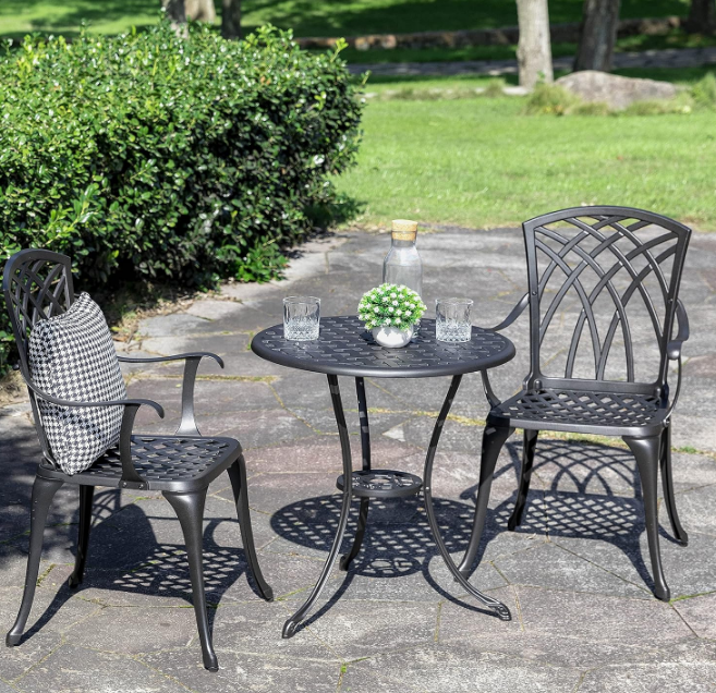 Patio Bistro Sets 3 Piece Cast Aluminum Bistro Table and Chairs Set with Umbrella Hole Bistro Set of 2 for Patio Backyard, Black