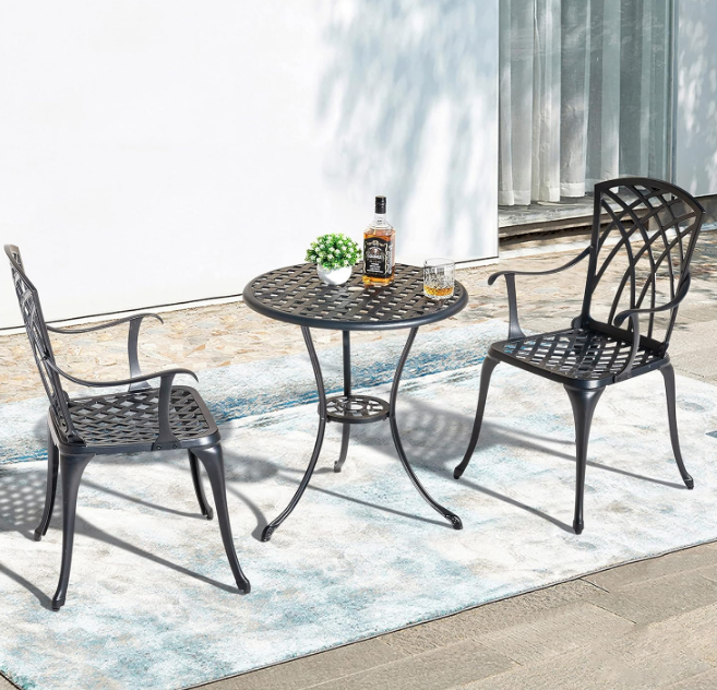 Patio Bistro Sets 3 Piece Cast Aluminum Bistro Table and Chairs Set with Umbrella Hole Bistro Set of 2 for Patio Backyard, Black