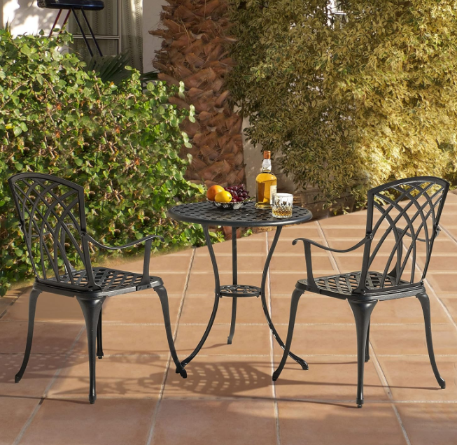 Patio Bistro Sets 3 Piece Cast Aluminum Bistro Table and Chairs Set with Umbrella Hole Bistro Set of 2 for Patio Backyard, Black