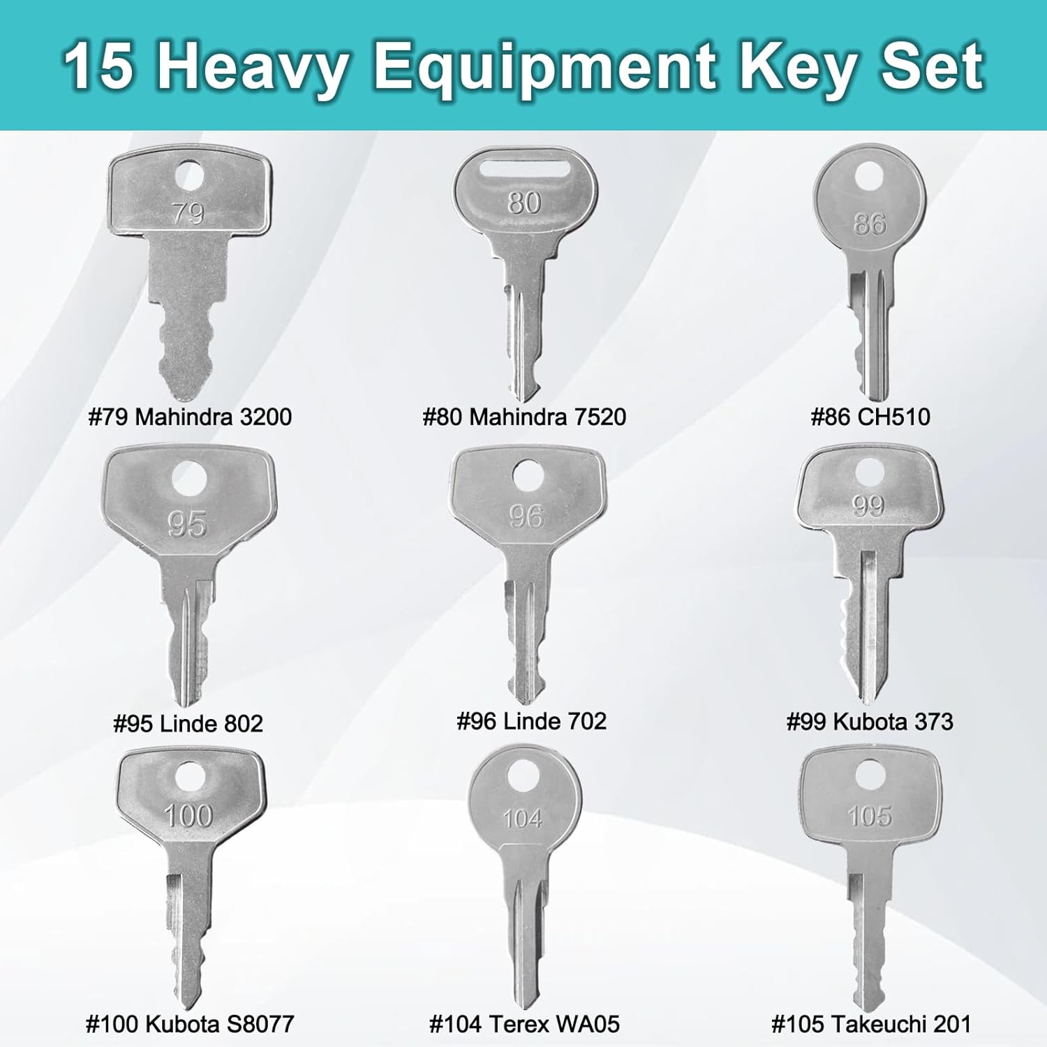 15PCS Multi Types Heavy Equipment Key Set Construction Master Equipment Set Mahindra 3200 CH510 Linde 702 802 JCB 14607 CAT 5P8500 Takeuchi 201 Kubota 373 S8077 JD COM Volvo Laser Terex WA05