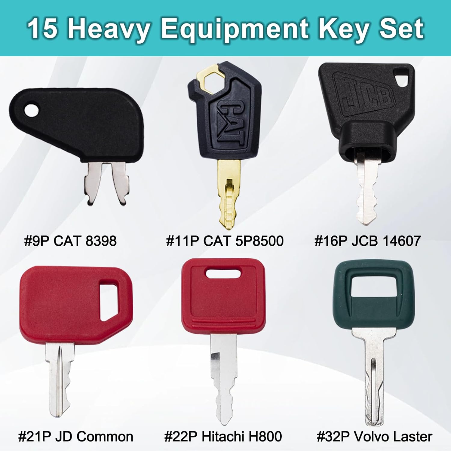 15PCS Multi Types Heavy Equipment Key Set Construction Master Equipment Set Mahindra 3200 CH510 Linde 702 802 JCB 14607 CAT 5P8500 Takeuchi 201 Kubota 373 S8077 JD COM Volvo Laser Terex WA05