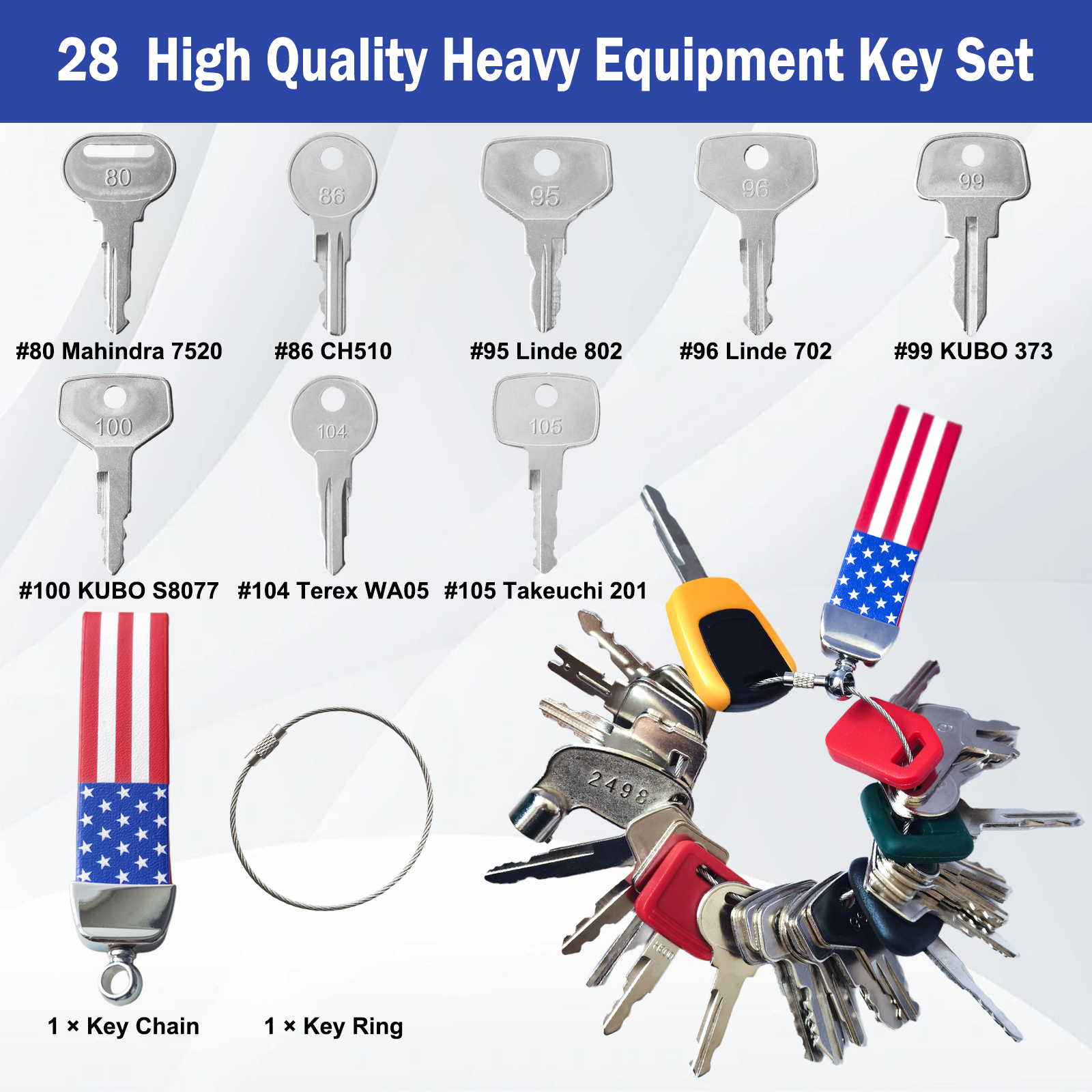 28 Heavy Master Construction Keys Set JD Gator CAT 8398 KOM KUB S8077 JCB S450 Takeuchi Hyster 166 Volvo Bobcat D250 Linde Mahindra Doosan Lucas 1569 Hitachi H800 Mitsubishi Magnum Kobelco TCM Bomag