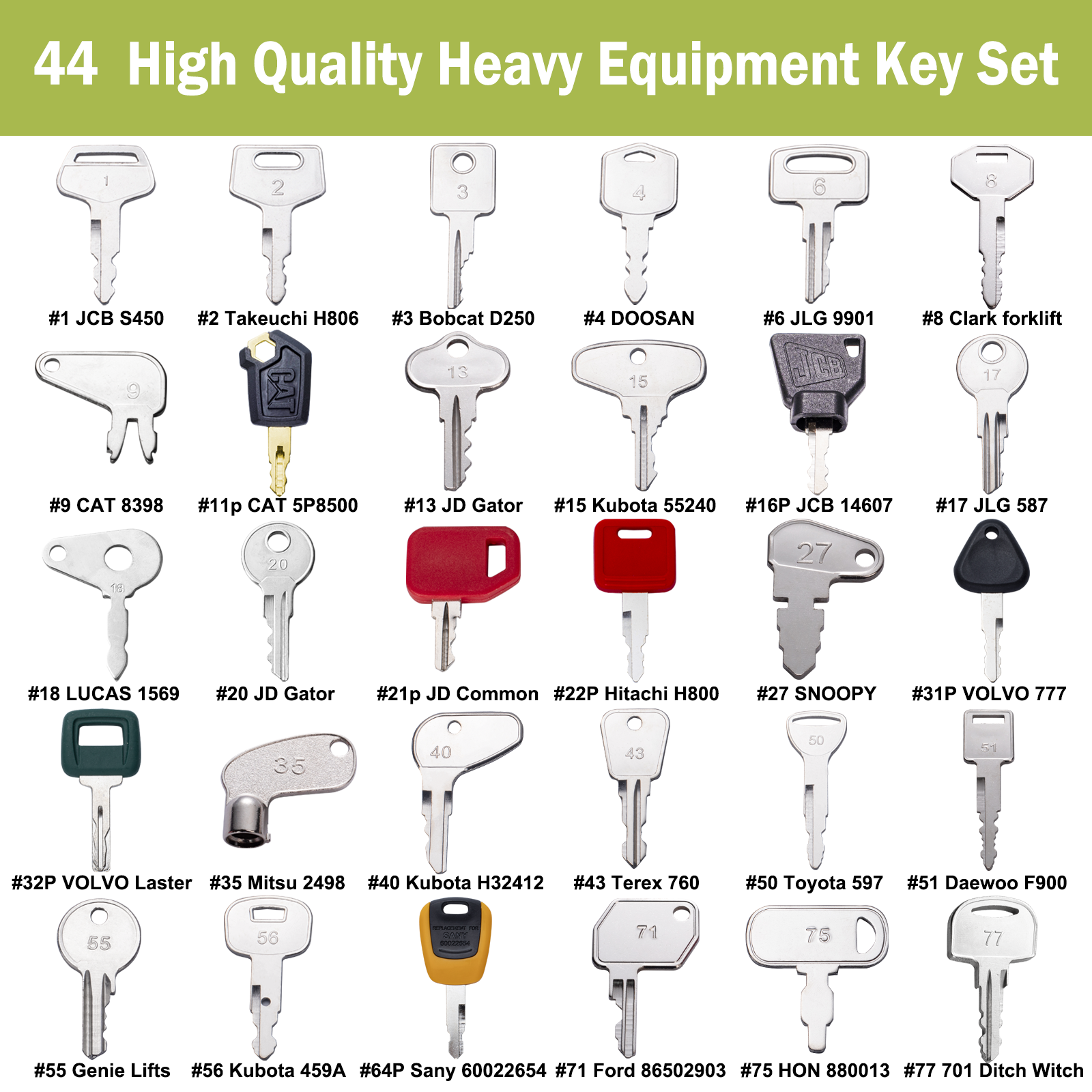 44 Multi Types Heavy Equipment Replacement Keys Sany Toyota Daewoo Honda Genie Lift Cat JD New Holland Case IH Ford Hyster JCB Kubota Volvo Komatsu Ditch Witch Clark Forklift Exavator Mining Fleet