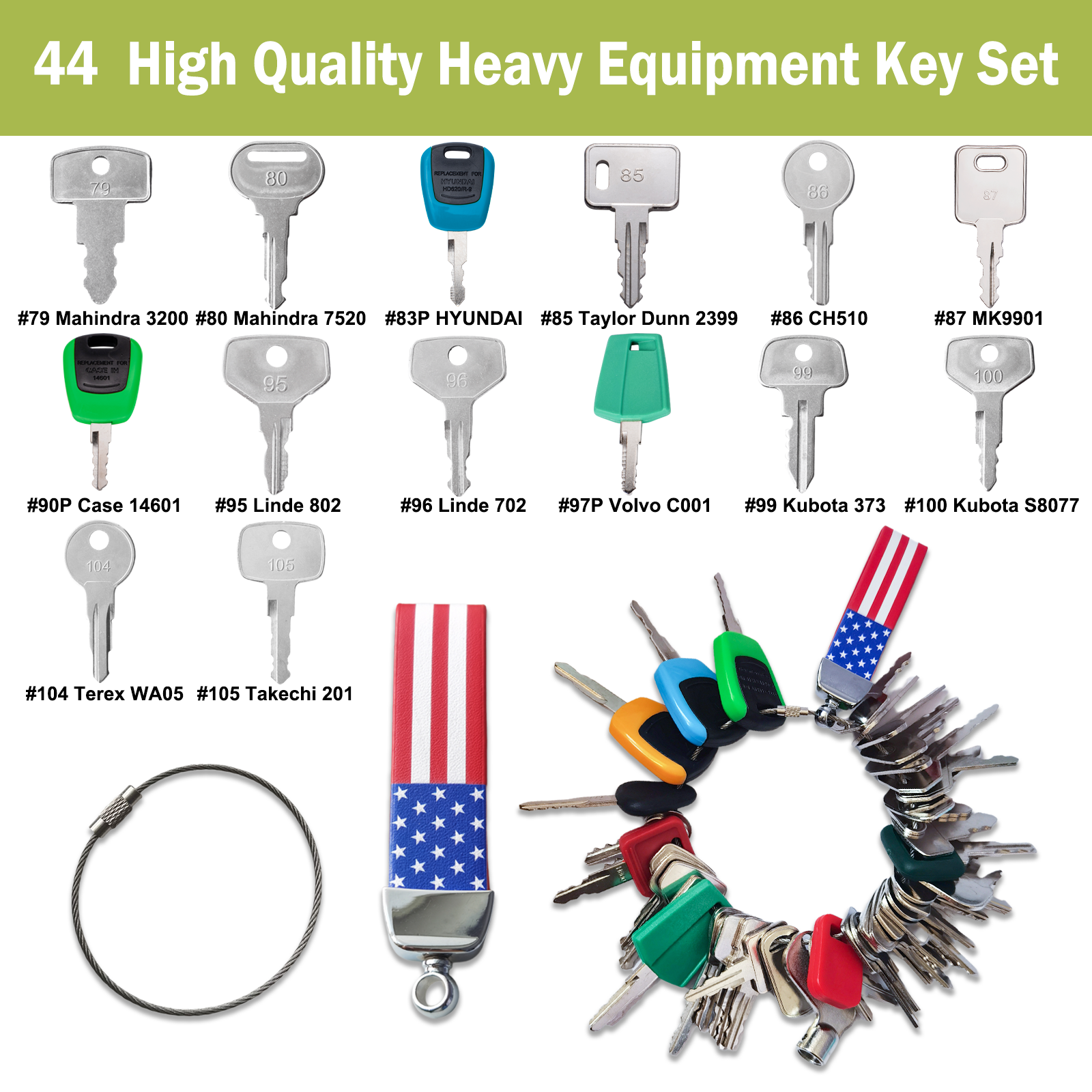44 Multi Types Heavy Equipment Replacement Keys Sany Toyota Daewoo Honda Genie Lift Cat JD New Holland Case IH Ford Hyster JCB Kubota Volvo Komatsu Ditch Witch Clark Forklift Exavator Mining Fleet