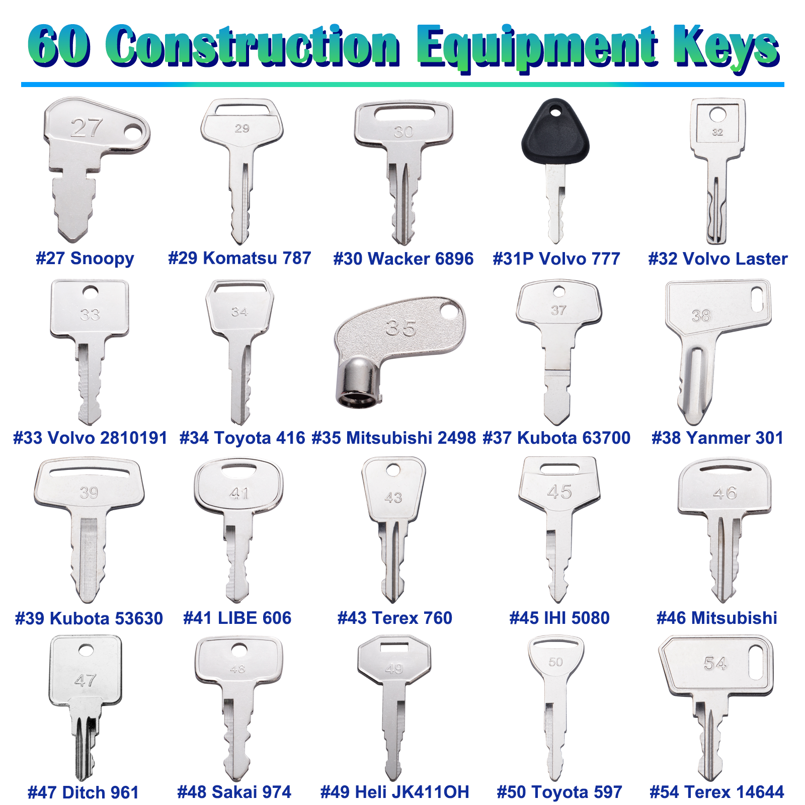 60 Heavy Equipment Keys Master Set for Kubota JCB Cat Ditch Witch Excavators Forklifts Tractors