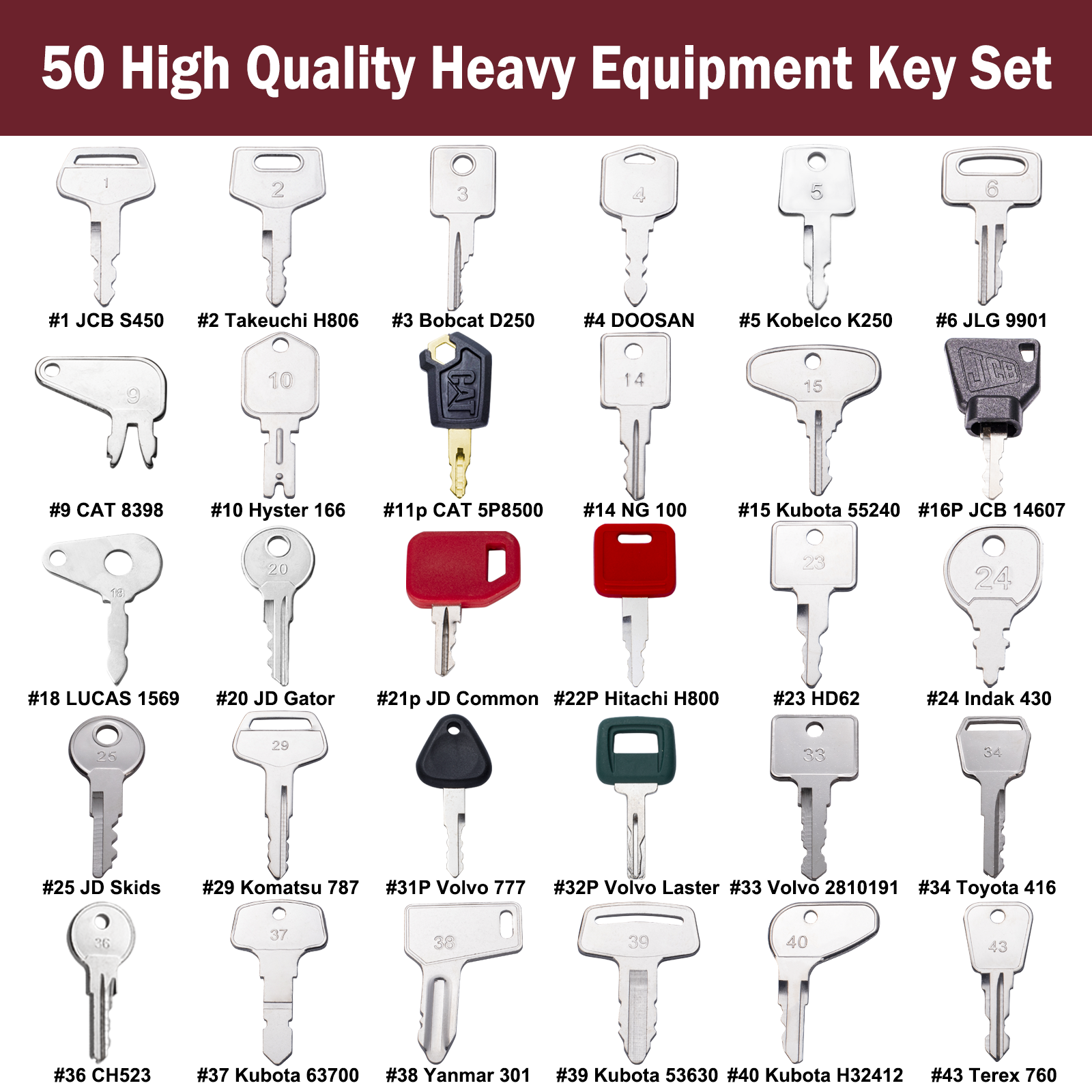 50 Equipment Keys Master Set for JCB Cat Yanmar Kubota Honda Excavators Forklifts Loaders Bullozers