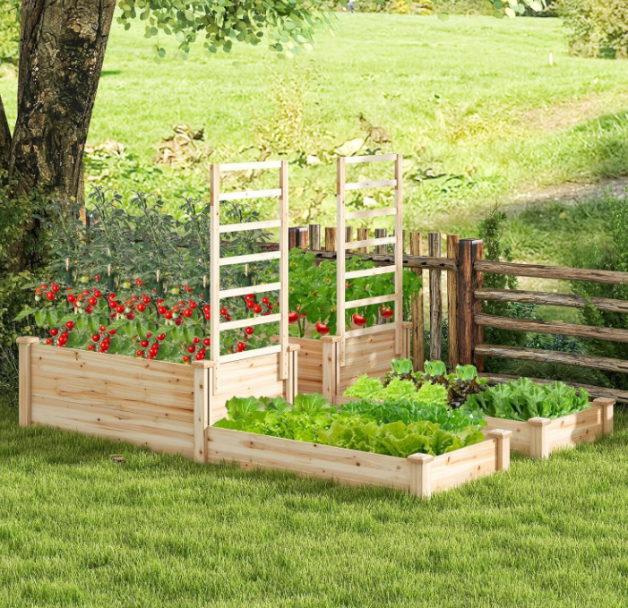 Giantex Raised Garden Bed with Trellis, Set of 2 Wood Shallow & Deep Planter Box for Climbing Plants Cucumber Vegetables Flowers Herbs Fruits, Easy Assembly, Outdoor Rectangular Floor Gardening Beds