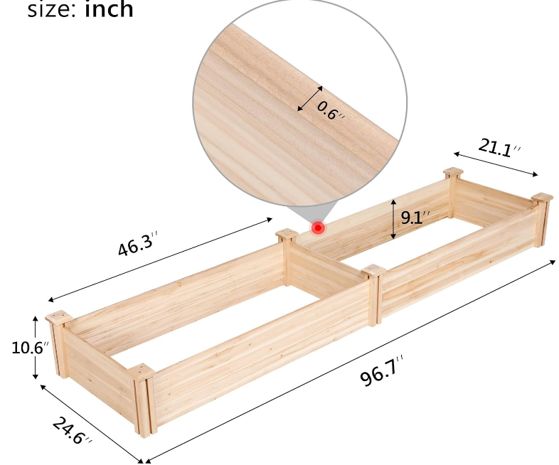 8×2ft Wooden Horticulture Raised Garden Bed Divisible Elevated Planting Planter Box for Flowers/Vegetables/Herbs in Backyard/Patio Outdoor, Natural Wood, 97 x 25 x 11in