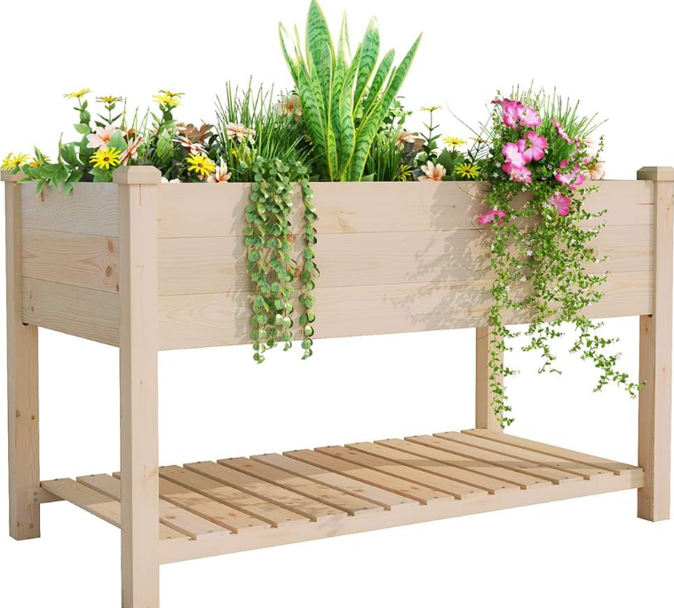 Outdoor Wood Raised Garden Bed, Elevated Reinforced Large Planter Box with Storage Shelf for Vegetable Flower Backyard Patio Gardening Balcony (48”L, Natural Wood)