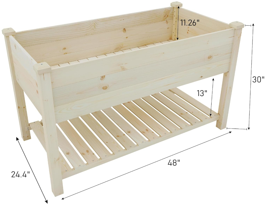 Outdoor Wood Raised Garden Bed, Elevated Reinforced Large Planter Box with Storage Shelf for Vegetable Flower Backyard Patio Gardening Balcony (48”L, Natural Wood)