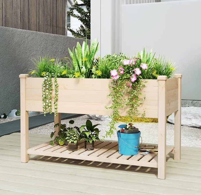 Outdoor Wood Raised Garden Bed, Elevated Reinforced Large Planter Box with Storage Shelf for Vegetable Flower Backyard Patio Gardening Balcony (48”L, Natural Wood)