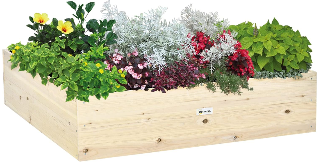 Outsunny Wooden Raised Garden Bed Kit, Elevated Planter Box with Bed Liner for Backyard, Patio to Grow Vegetables, Herbs, and Flowers, 4' x 4' x 12"