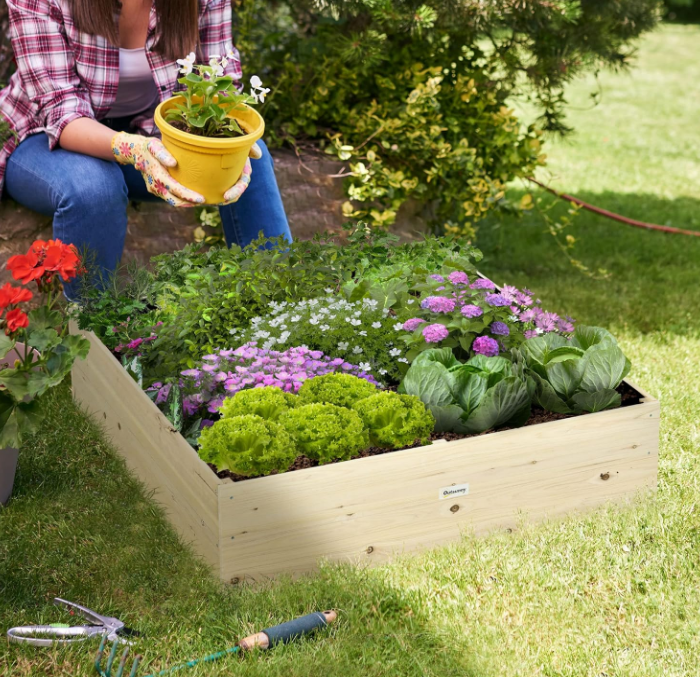 Outsunny Wooden Raised Garden Bed Kit, Elevated Planter Box with Bed Liner for Backyard, Patio to Grow Vegetables, Herbs, and Flowers, 4' x 4' x 12"
