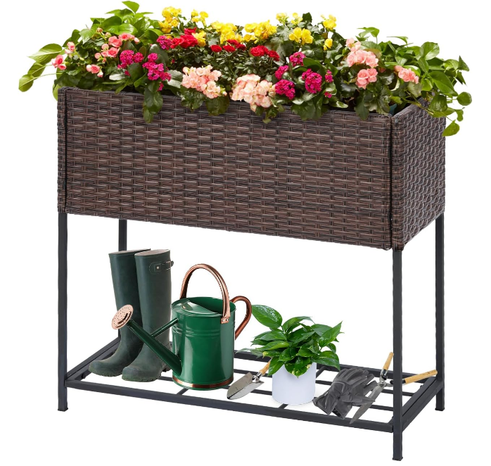 Raised Garden Beds Outdoor with Legs Handmade Wicker Planter Box with Removable Liner & Storage Shelf Elevated Garden Bed for Vegetable Flower Herb - Brown