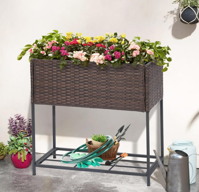 Raised Garden Beds Outdoor with Legs Handmade Wicker Planter Box with Removable Liner & Storage Shelf Elevated Garden Bed for Vegetable Flower Herb - Brown