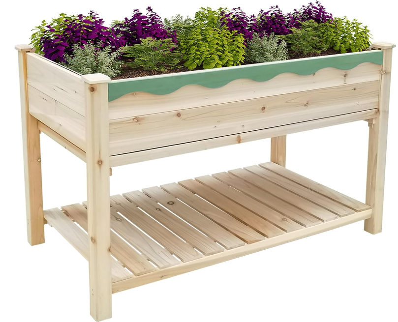 48x24x30in Raised Garden Bed, Elevated Wood Planter Box w/Storage Shelf, Protective Liner- Natural