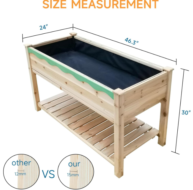 48x24x30in Raised Garden Bed, Elevated Wood Planter Box w/Storage Shelf, Protective Liner- Natural