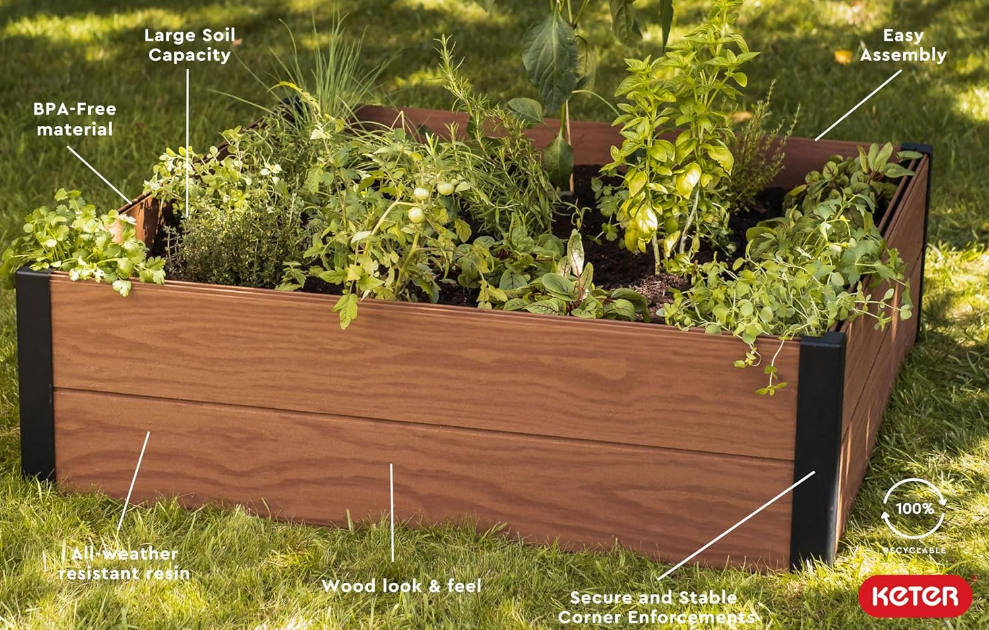 48" X 48" inches Wood Look Raised Garden Bed, Durable Outdoor Herb Garden Planter for Vegetables, Flowers, and Succulents, Brown