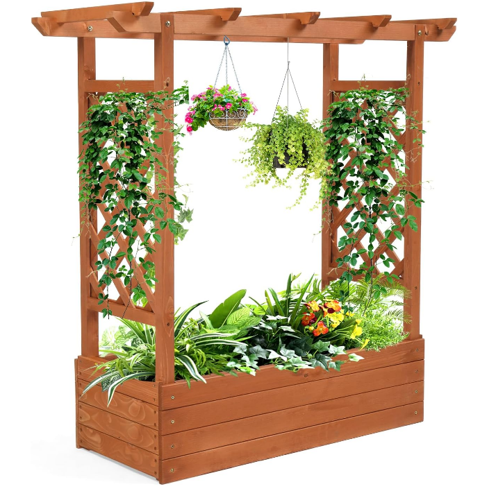 Raised Garden Bed with Trellis & Hanging Roof, Wooden Garden Bed, Outdoor Planter Box for Yard, Garden, Balcony