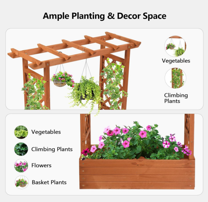 Raised Garden Bed with Trellis & Hanging Roof, Wooden Garden Bed, Outdoor Planter Box for Yard, Garden, Balcony