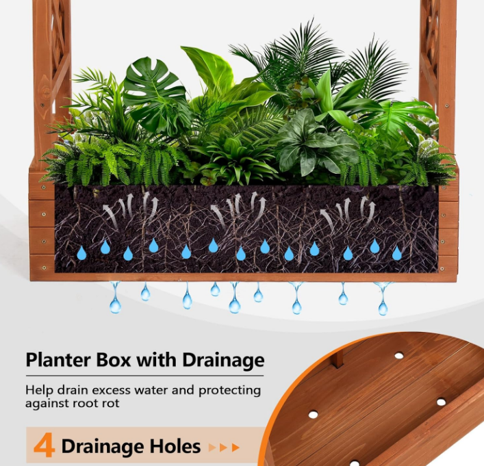 Raised Garden Bed with Trellis & Hanging Roof, Wooden Garden Bed, Outdoor Planter Box for Yard, Garden, Balcony