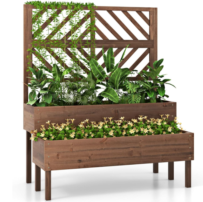 Garden Bed with Trellis & 2 Planter Boxes, 2-Tier Outdoor Wooden Elevated Planter Box with Legs & Drainage Holes, Gardening Planter for Flowers, Herbs, Vegetables & Fruits(Brown)