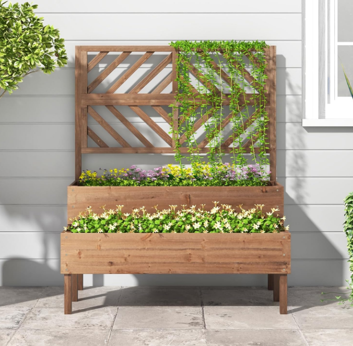 Garden Bed with Trellis & 2 Planter Boxes, 2-Tier Outdoor Wooden Elevated Planter Box with Legs & Drainage Holes, Gardening Planter for Flowers, Herbs, Vegetables & Fruits(Brown)
