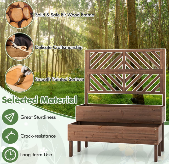 Garden Bed with Trellis & 2 Planter Boxes, 2-Tier Outdoor Wooden Elevated Planter Box with Legs & Drainage Holes, Gardening Planter for Flowers, Herbs, Vegetables & Fruits(Brown)