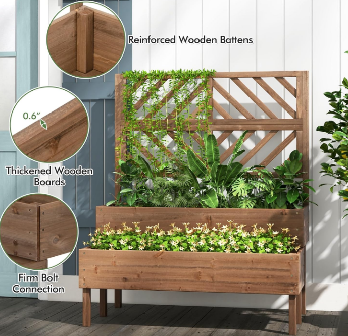 Garden Bed with Trellis & 2 Planter Boxes, 2-Tier Outdoor Wooden Elevated Planter Box with Legs & Drainage Holes, Gardening Planter for Flowers, Herbs, Vegetables & Fruits(Brown)