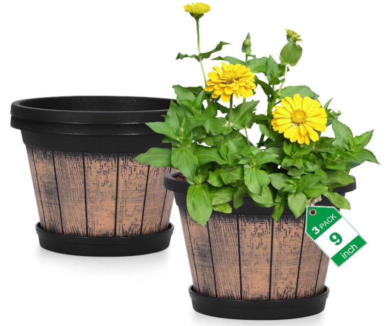 Plant Pots Set of 3 Pack 9 inch,Whiskey Barrel Planters with Drainage Holes & Saucer.Plastic Decor Flower Pots Imitation Wine Barrel Design,for Indoor & Outdoor Garden Home Plants (Brown)