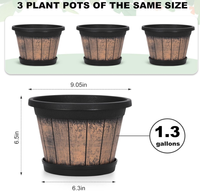 Plant Pots Set of 3 Pack 9 inch,Whiskey Barrel Planters with Drainage Holes & Saucer.Plastic Decor Flower Pots Imitation Wine Barrel Design,for Indoor & Outdoor Garden Home Plants (Brown)