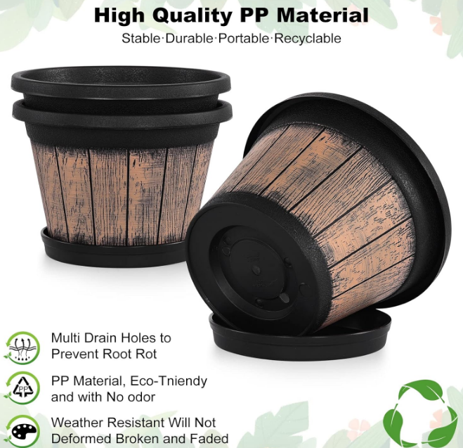 Plant Pots Set of 3 Pack 9 inch,Whiskey Barrel Planters with Drainage Holes & Saucer.Plastic Decor Flower Pots Imitation Wine Barrel Design,for Indoor & Outdoor Garden Home Plants (Brown)