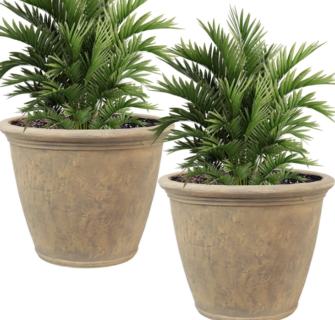 Anjelica 24" Double-Walled Polyresin Outdoor Planter with UV-Resistant Beige Finish - Set of 2